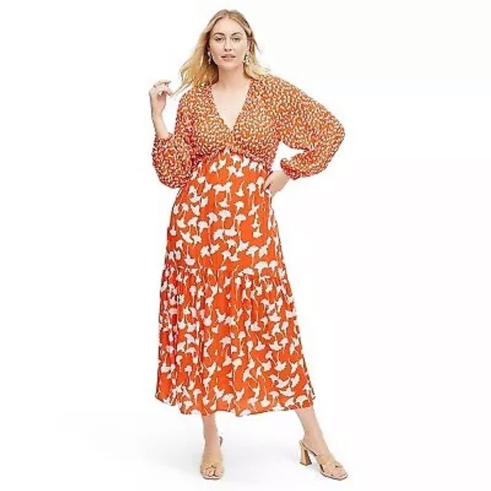 Women's V-Neck Long Sleeve Ginkgo Cherry Tomato Maxi Dress DVF x Target XS